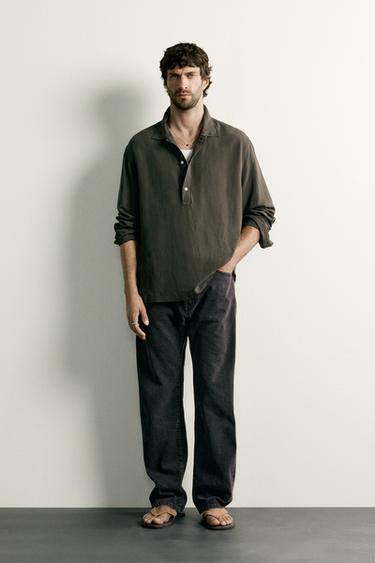VISCOSE/LINEN REGULAR FIT POLO SHIRT - Dark khaki by Zara - Image 0