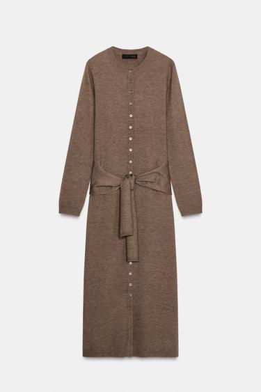 VESTIDO MIDI PUNTO CINTURÓN - Marrón / Topo de Zara