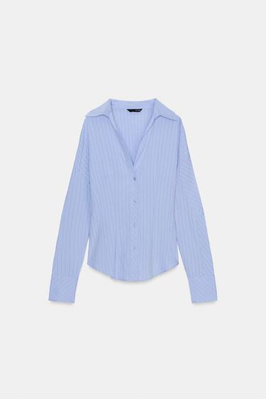 Zara FITTED STRIPED SHIRT - Sky blue