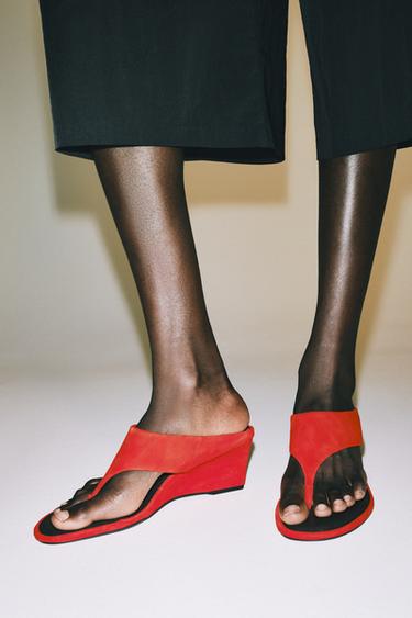 Zara LEATHER WEDGE SANDALS - Red - Image 0