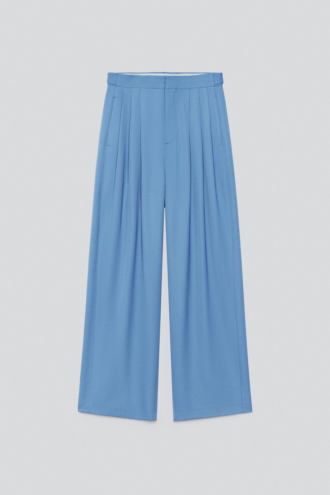 RELAXED FIT PLEATED SUIT PANTS — Blue