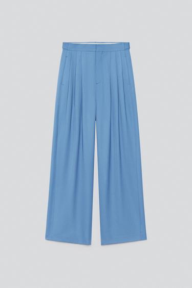 RELAXED FIT PLEATED SUIT PANTS — Blue 1