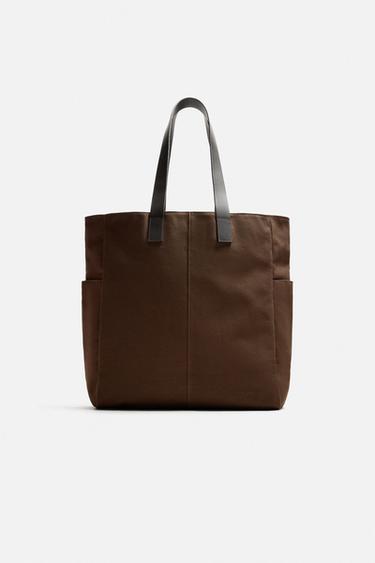 BOLSO SHOPPER TEJIDO Y PIEL - Marrón de Zara