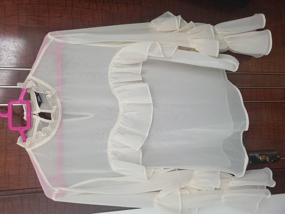 Semi-sheer white blouse with ruffles on the sleeves and chest, hanging on a pink hanger over a wooden door.
