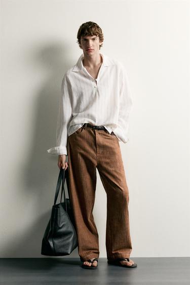 STRIPED COTTON/LINEN POLO SHIRT - Ecru / Beige by Zara