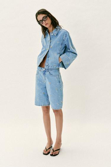 SHORT Z1975 EN JEAN BRODERIES FLEURIES ENSEMBLE - Bleu moyen de Zara