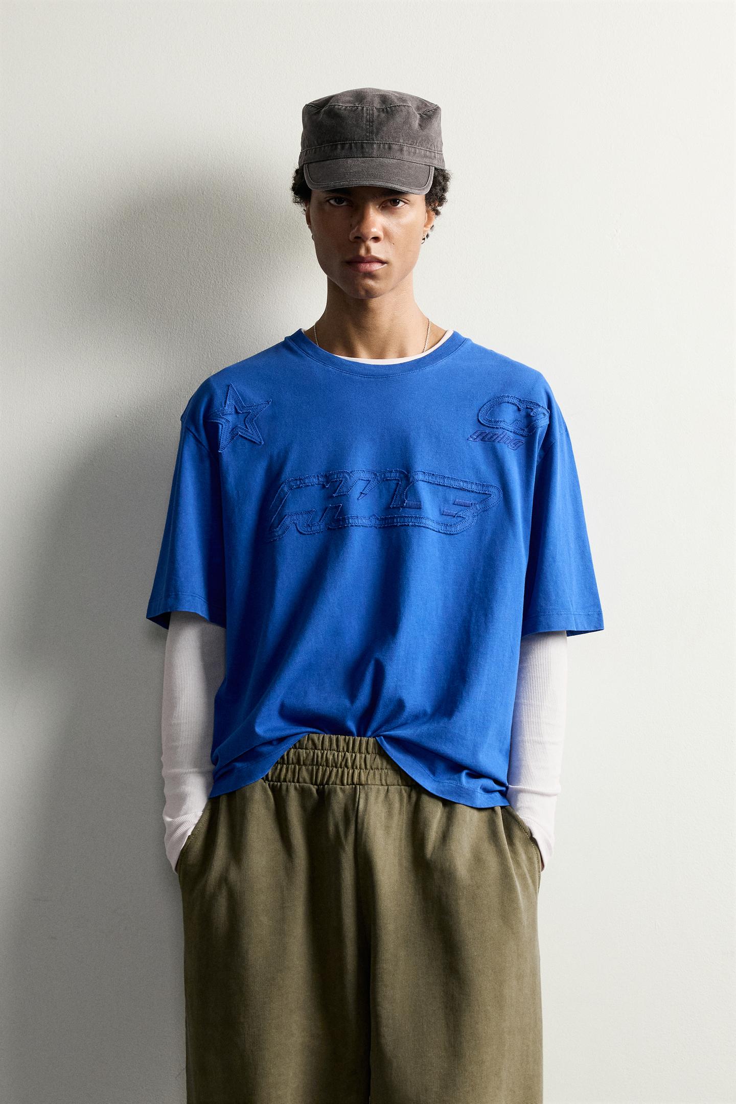 Мужская футболка Zara Relaxed Fit Patch, цвет: Синий — фото 2