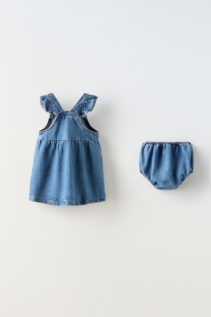 フリル付きデニムジャンパースカート - ミディアムブルー | ZARA 