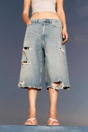 Zara TRF 中腰剪破牛仔短褲 - 藍色