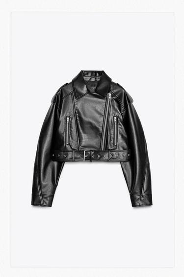 LEATHER EFFECT CROPPED BIKER JACKET - Black by Zara