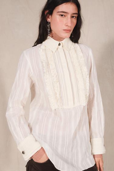 Zara LIMITED EDITION RUFFLE SHIRT WITH JEWEL BUTTONS - white