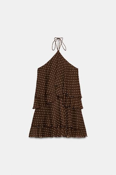 Zara RUFFLED POLKA DOT HALTER DRESS - Brown / White