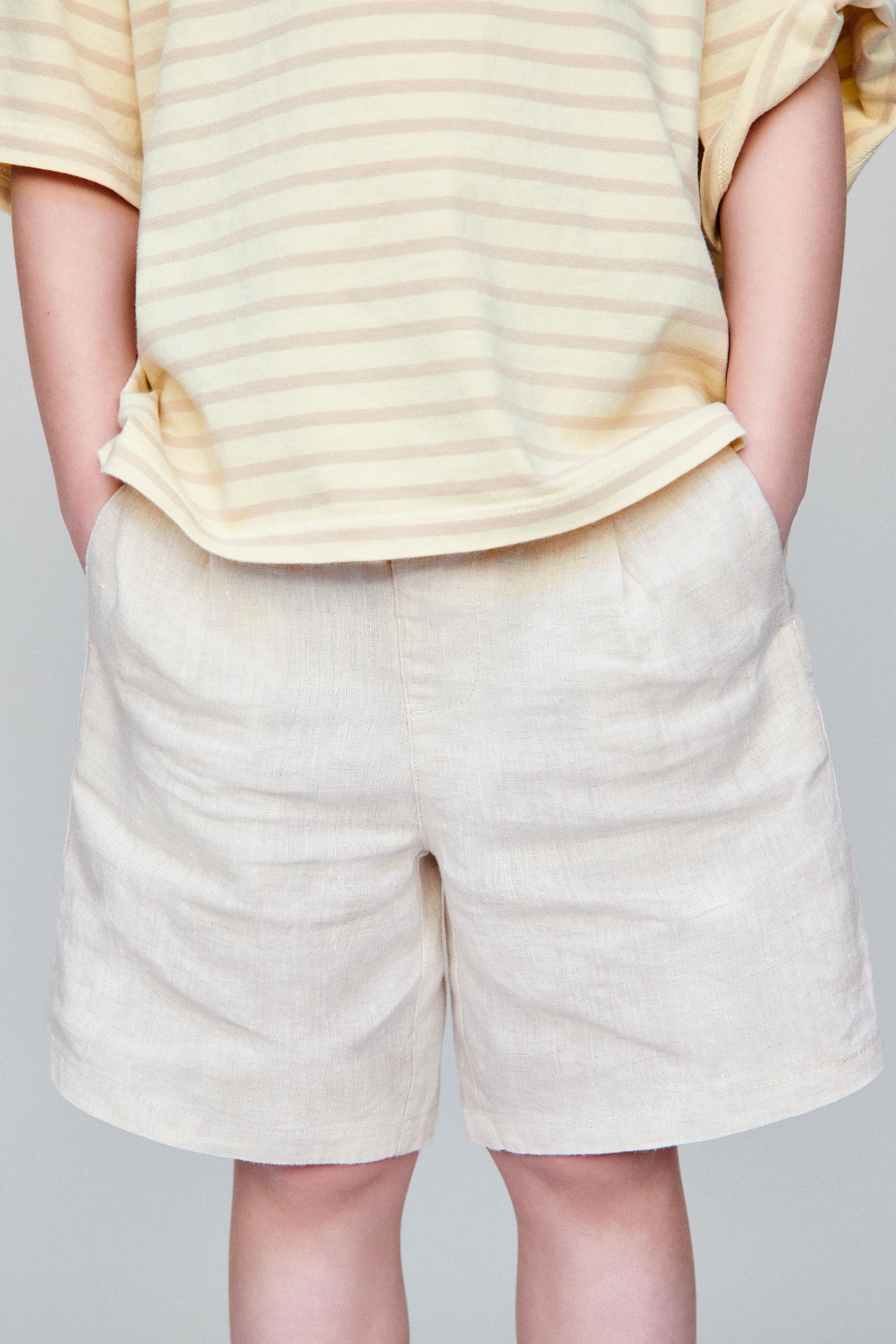 100% LINEN BERMUDA SHORTS — Light beige