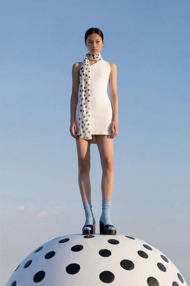 Zara 波卡圓點繞頸露肩洋裝 - 白色