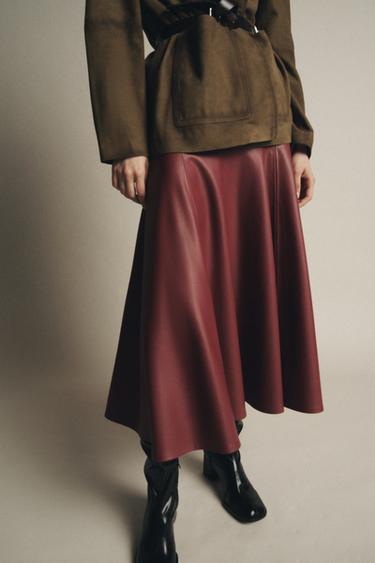 ZW COLLECTION LEATHER EFFECT MIDI SKIRT - Burgundy by Zara - Image 1