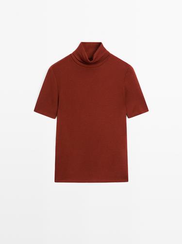 Zara High neck T-shirt with short sleeves - Dark red