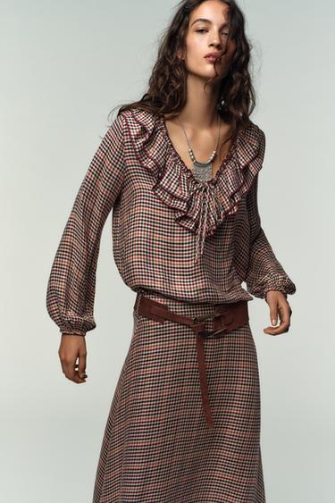 CHECKED BLOUSE WITH RUFFLES - Brown / Ecru by Zara