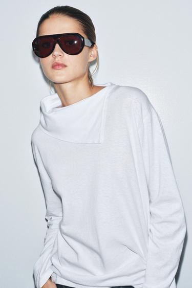 LONG SLEEVE SCARF T-SHIRT - White by Zara - Image 0