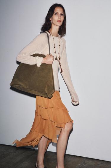 Zara ZW COLLECTION ASYMMETRIC RUFFLED MIDI SKIRT - Orange