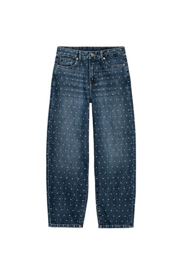 ZW COLLECTION TAPERED MID-WAIST DOTS JEANS - blue by Zara