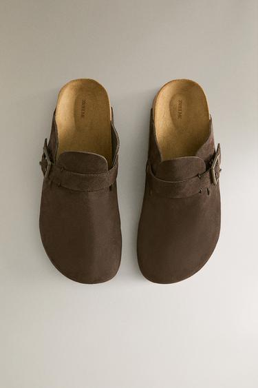 LEATHER CLOGS WITH BUCKLE AND TOPSTITCHING DETAIL - Brown by Zara