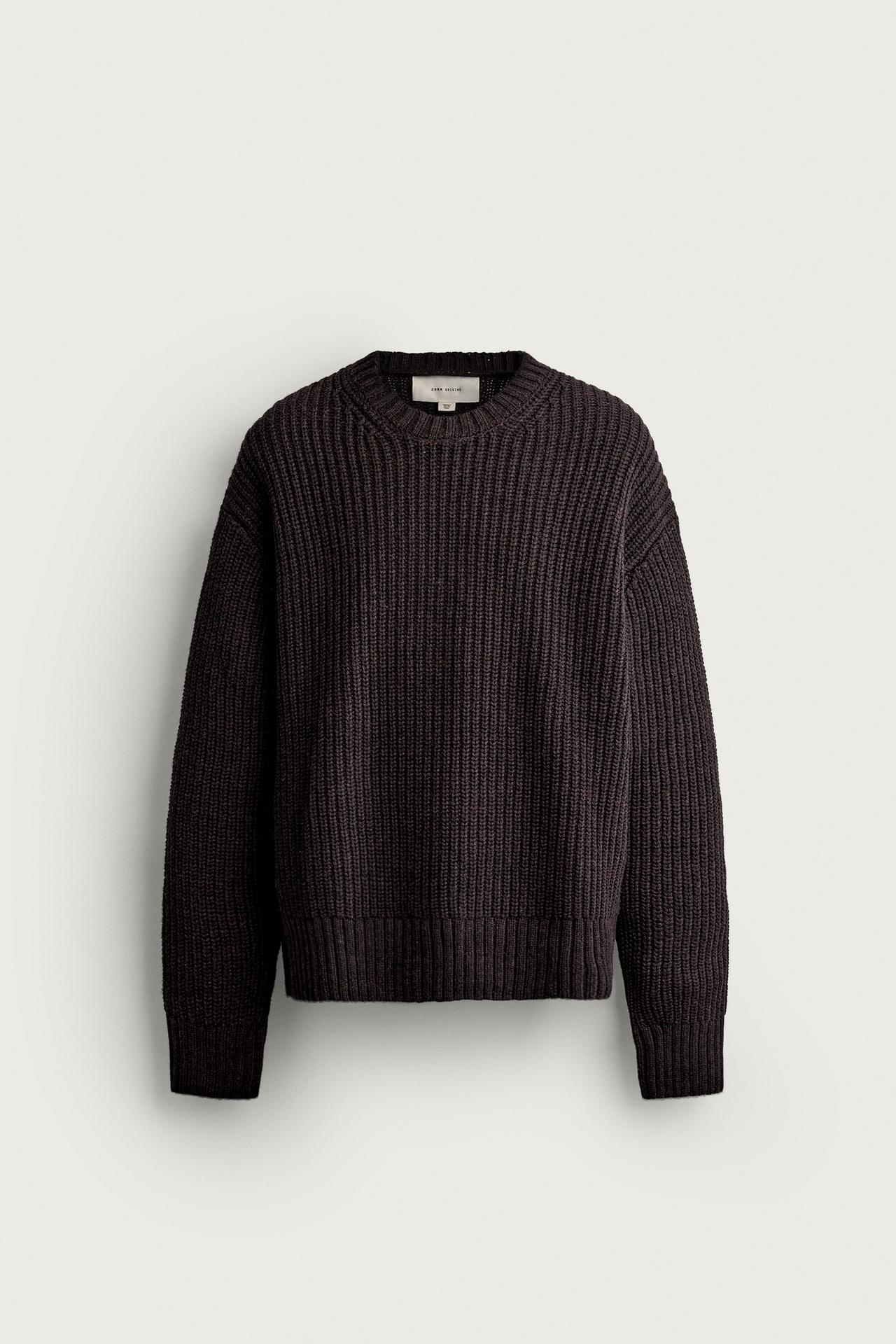 COTTON-WOOL ENGLISH RIB SWEATER — Dark brown