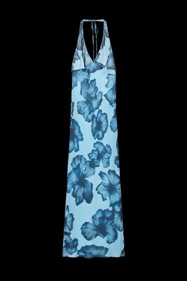 Zara HALTER PRINTED LONG DRESS - Blues - Image 0
