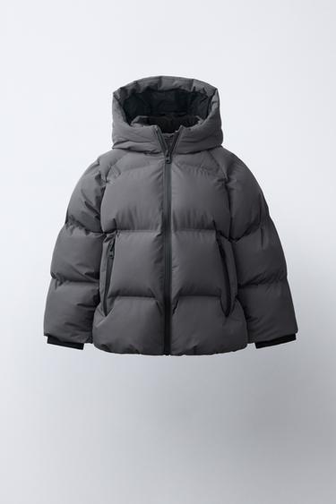 WATER-REPELLENT HOODIE PUFFER COAT — Anthracite grey 1