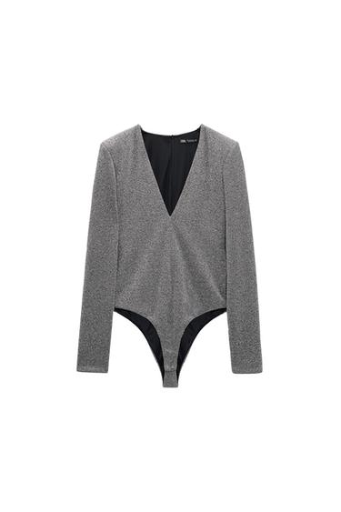 METALLIC THREAD BODYSUIT WITH SHOULDER PADS