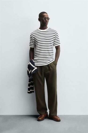 CHECK TEXTURED T-SHIRT - Ecru / Navy by Zara - Image 0