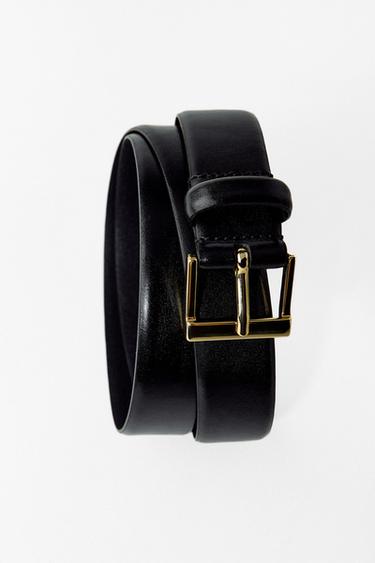 Zara LEATHER BELT WITH SQUARE BUCKLE - Black