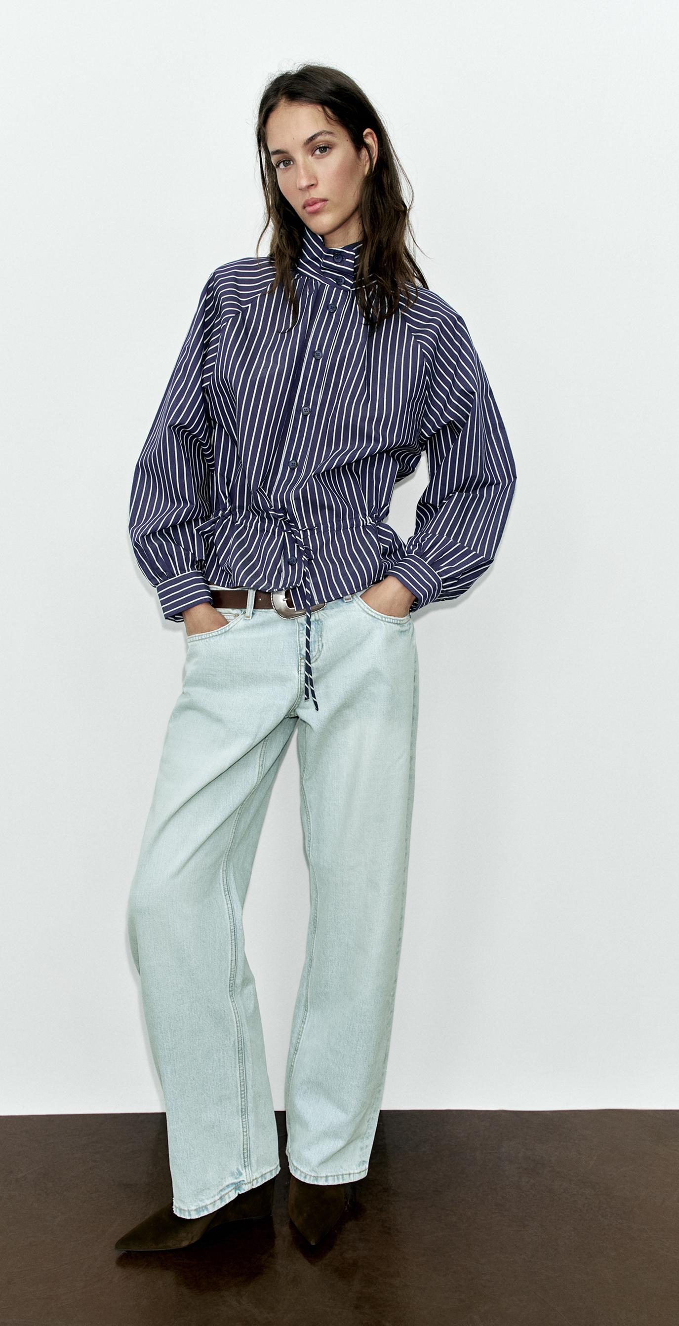 STRIPED HIGH NECK SHIRT — Navy / White