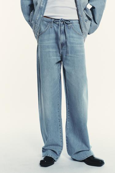Zara TRF FLOWY DRAWSTRING DENIM PANTS - Blue