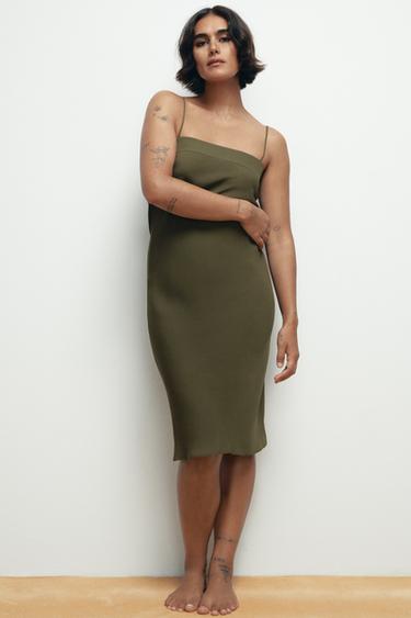 100% SILK STRAPPY MIDI DRESS - Green by Zara