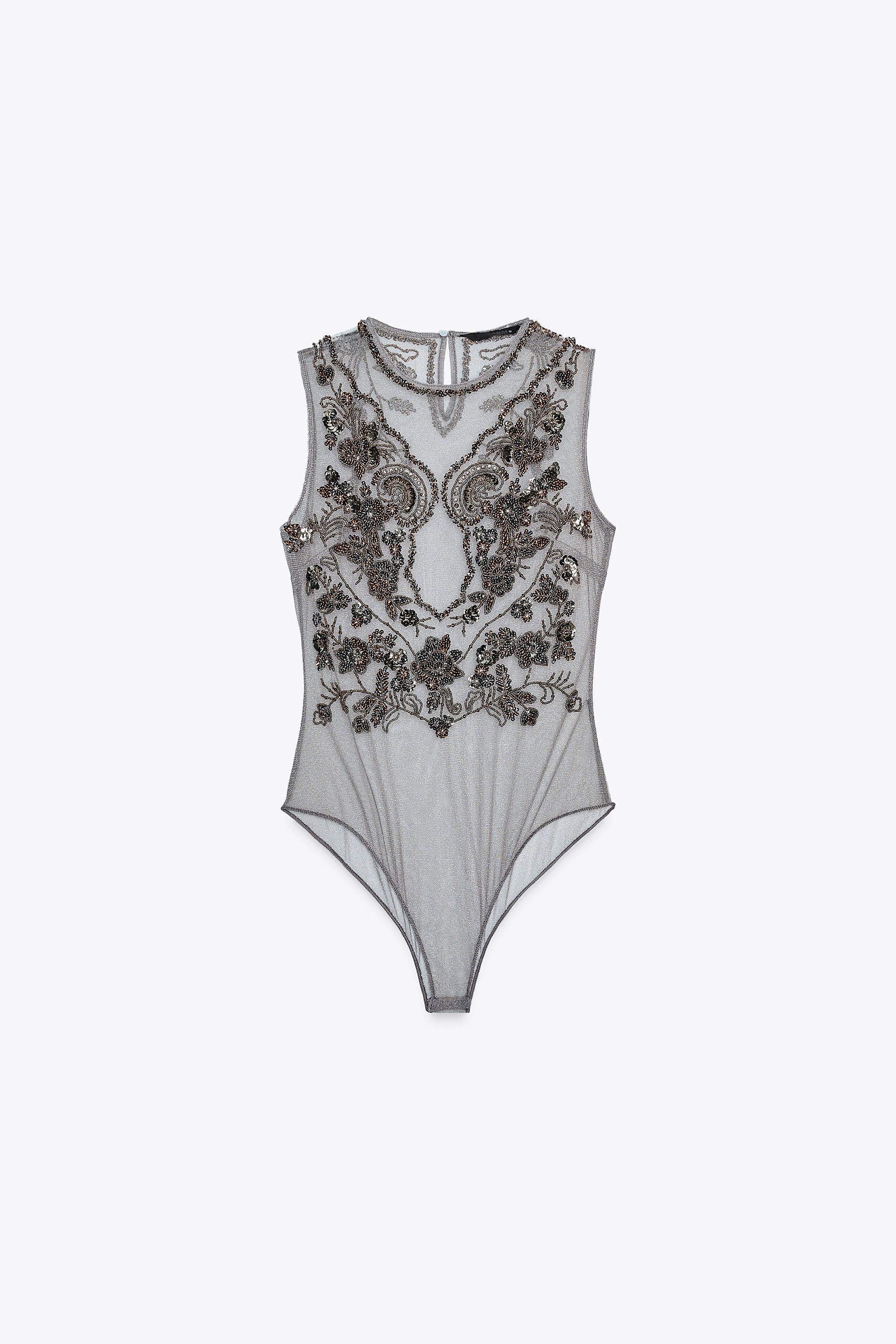 ZARA ZW COLLECTION 刺繍入りボディスーツ 7521/200 ZW COLLECTION EMBROIDERED BODYSUIT - Silver | ZARA United States