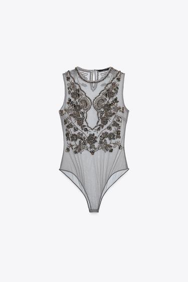 ZW COLLECTION EMBROIDERED BODYSUIT - Silver by Zara - Image 1