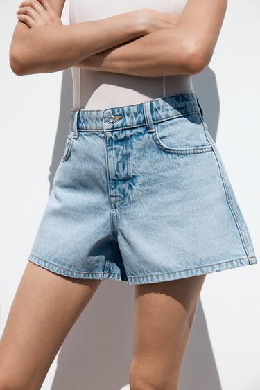 Zara Z1975 MOM FIT MID-RISE SHORTS - Light blue