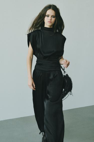 Zara SATIN CUMMERBUND JUMPSUIT - Black