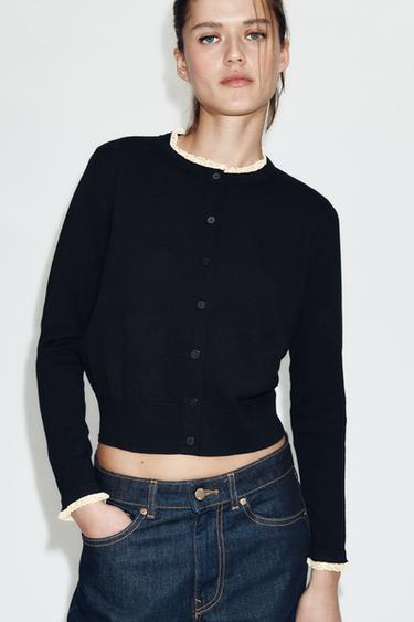 LACE TRIM COMBINATION CARDIGAN - Navy blue by Zara - Image 0