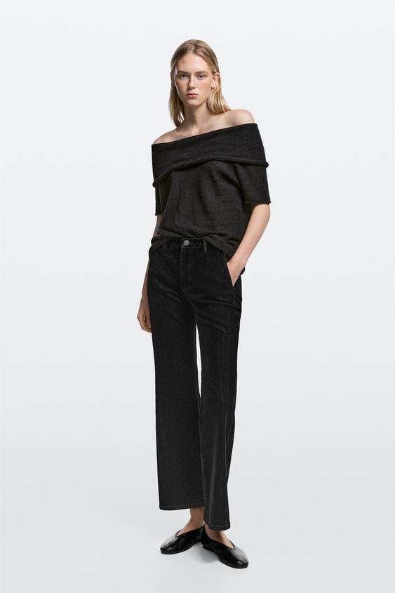 Zara Mid-waist cropped flare jeans with flocking - Black - Image 0