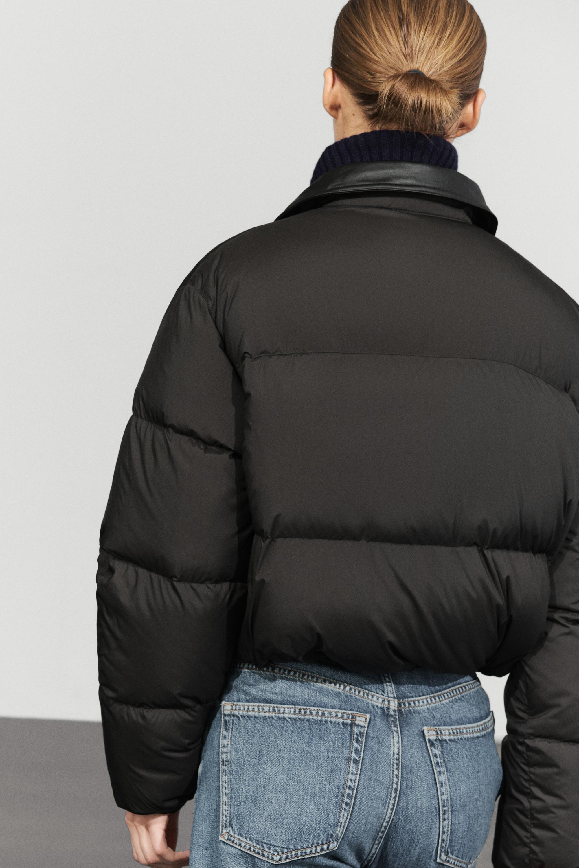 Down bomber jacket with nappa leather collar