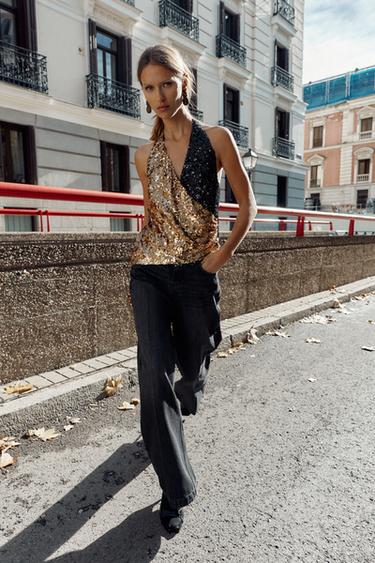 HALTER TOP WITH COMBINED SEQUINS - Gold by Zara