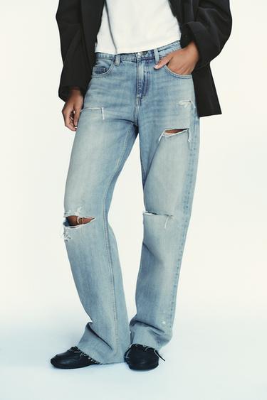 Zara TRF MID-RISE RIPPED WIDE LEG JEANS - Light blue