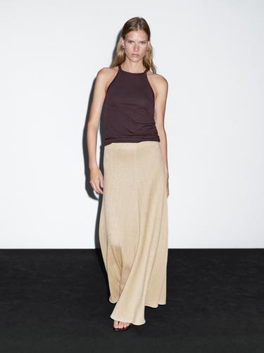 Zara Long herringbone cotton blend skirt - Ecru - Image 0