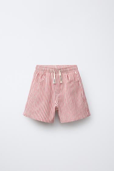 CALÇÕES BERMUDA TEXTURIZADOS COM ESTAMPADO ÀS RISCAS - Vermelho / Branco da Zara - Imagem 0
