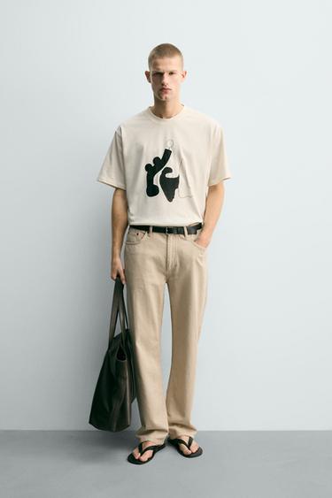 Zara 撞色圖案印花 T 恤 - 裸色 / 米色 - 圖片 0