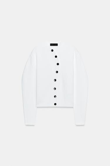 Zara 不對稱鈕扣針織開襟衫 - 白色 - 圖片 0