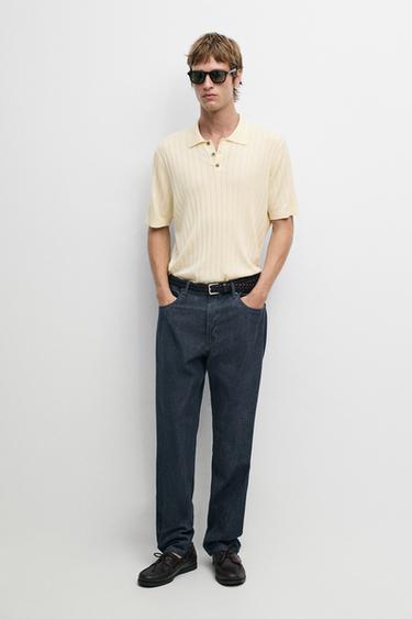Zara Ribbed knit cotton blend polo shirt - Ecru - Image 0