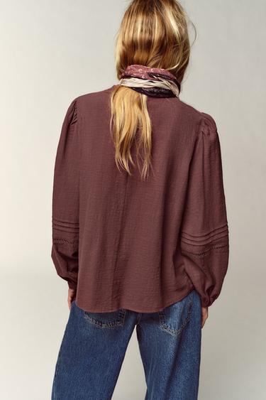 EMBROIDERED BIB BLOUSE - Burgundy by Zara - Image 2