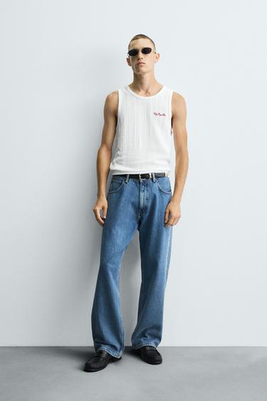 Zara EMBROIDERED RIBBED TANK TOP - Oyster-white